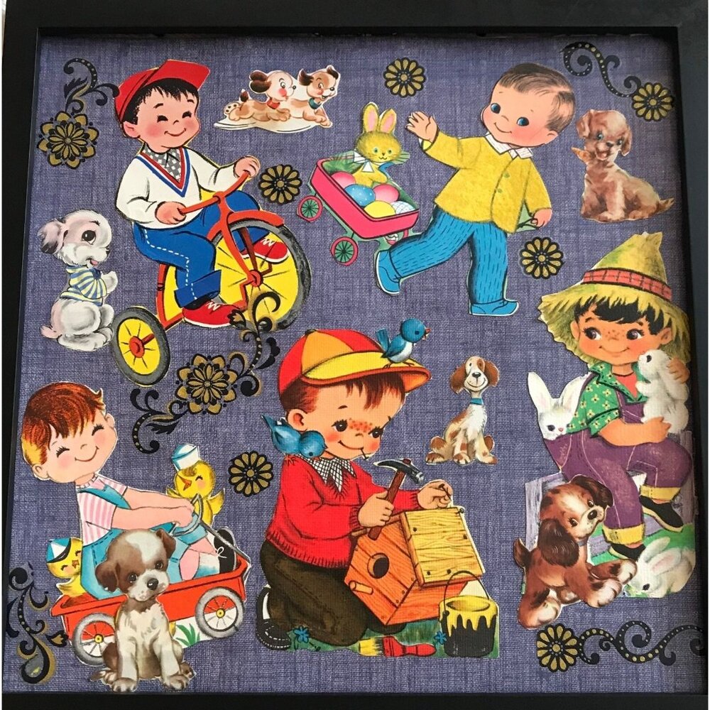 Retro Boys & Dogs Framed Handmade Collage Wall Decor Art Kids Greeting Cards